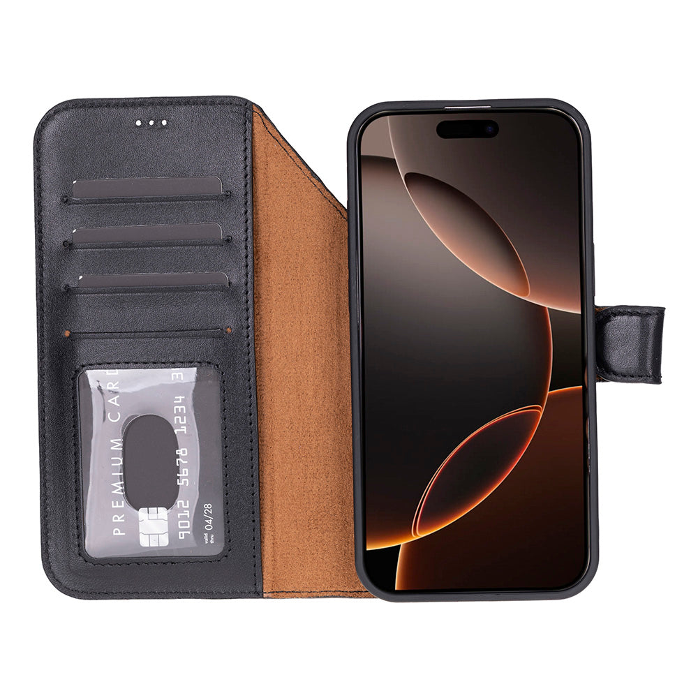 Bloomcase Magic Wallet Obsidian Black Apple Iphone 17 Pro (6.3") Hakiki Deri Çıkarılabilir Cüzdanlı Telefon Kılıfı