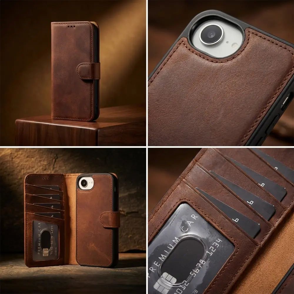 Bloomcase Magic Wallet Saddle Brown Apple Iphone 17E / 16E (6.1") Hakiki Deri Çıkarılabilir Cüzdanlı Telefon Kılıfı