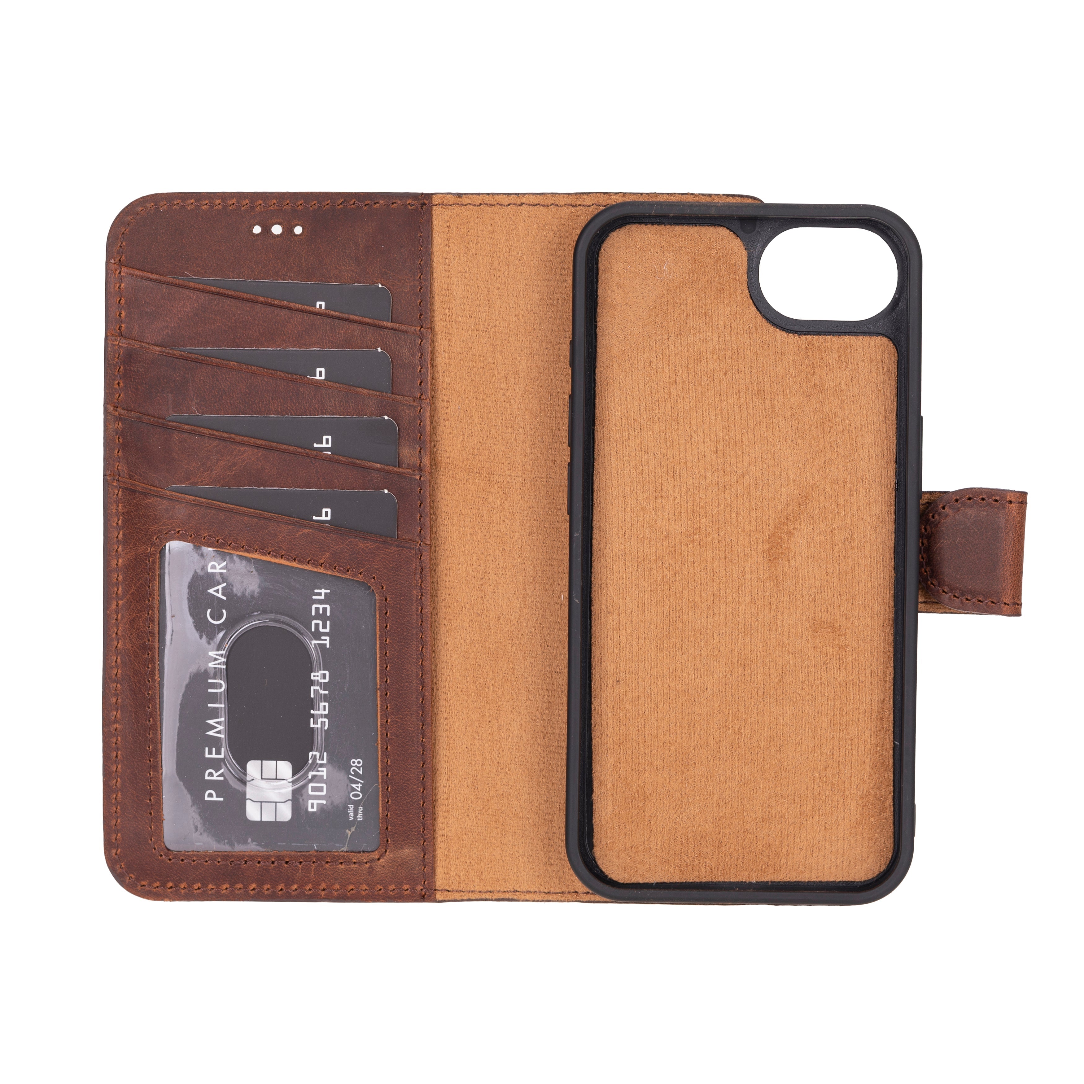 Bloomcase Magic Wallet Saddle Brown Apple Iphone 17E / 16E (6.1") Hakiki Deri Çıkarılabilir Cüzdanlı Telefon Kılıfı