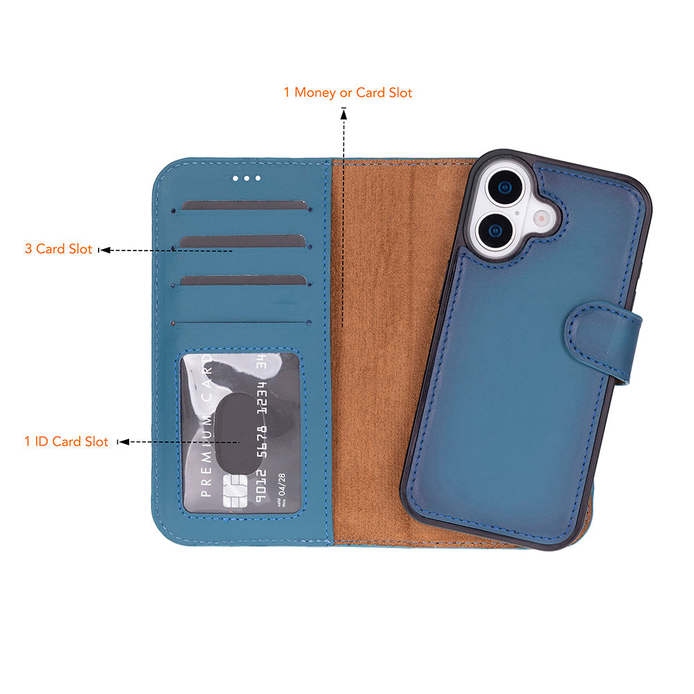 Bloomcase Royal Navy Hakiki Deri Iphone 17 (6.3") Çıkartılabilir Cüzdan Kılıf