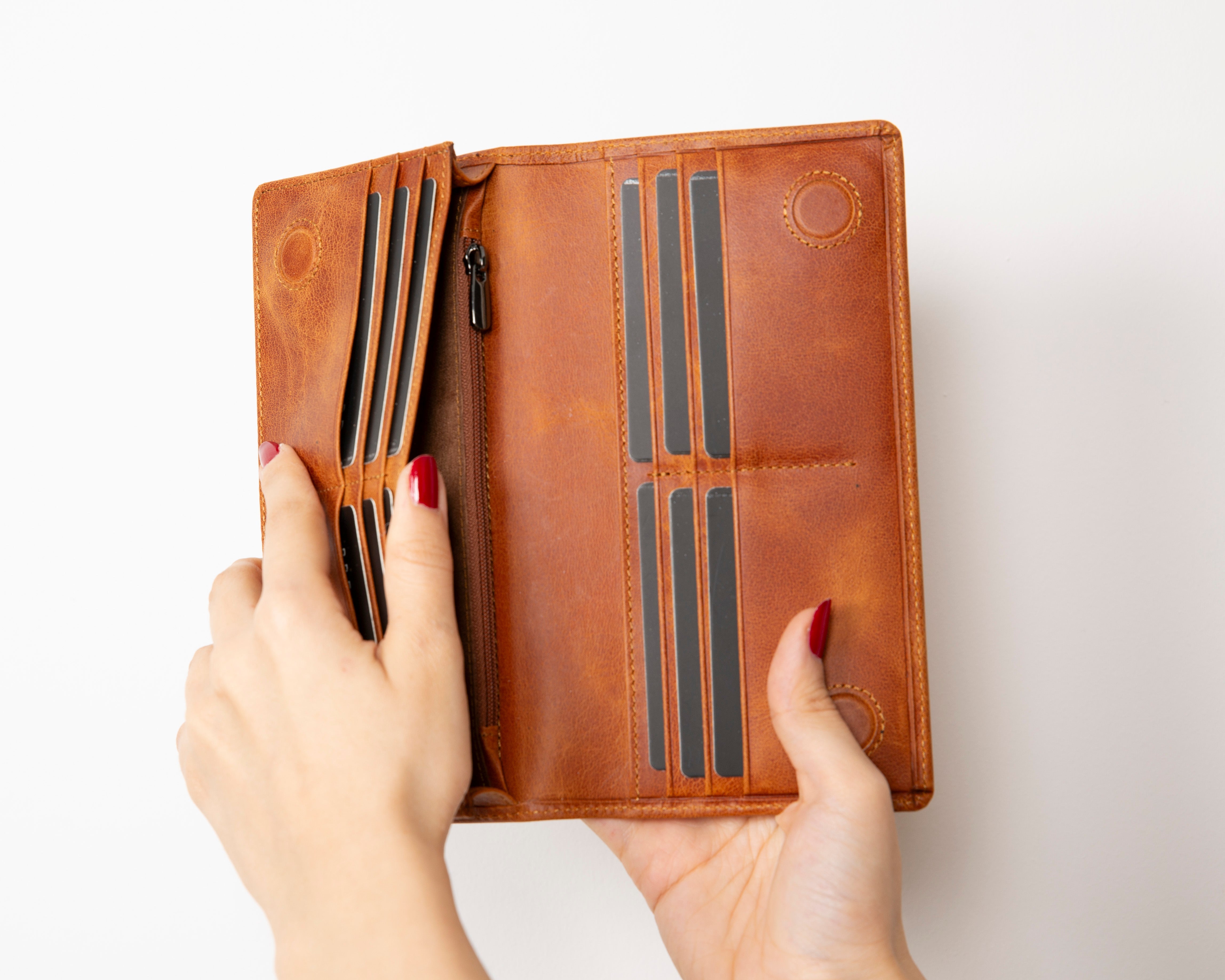 Bloominbag-Celestina Golden Tan Hakiki Deri Telefon Bölmeli Cüzdan-4-Milagron.com