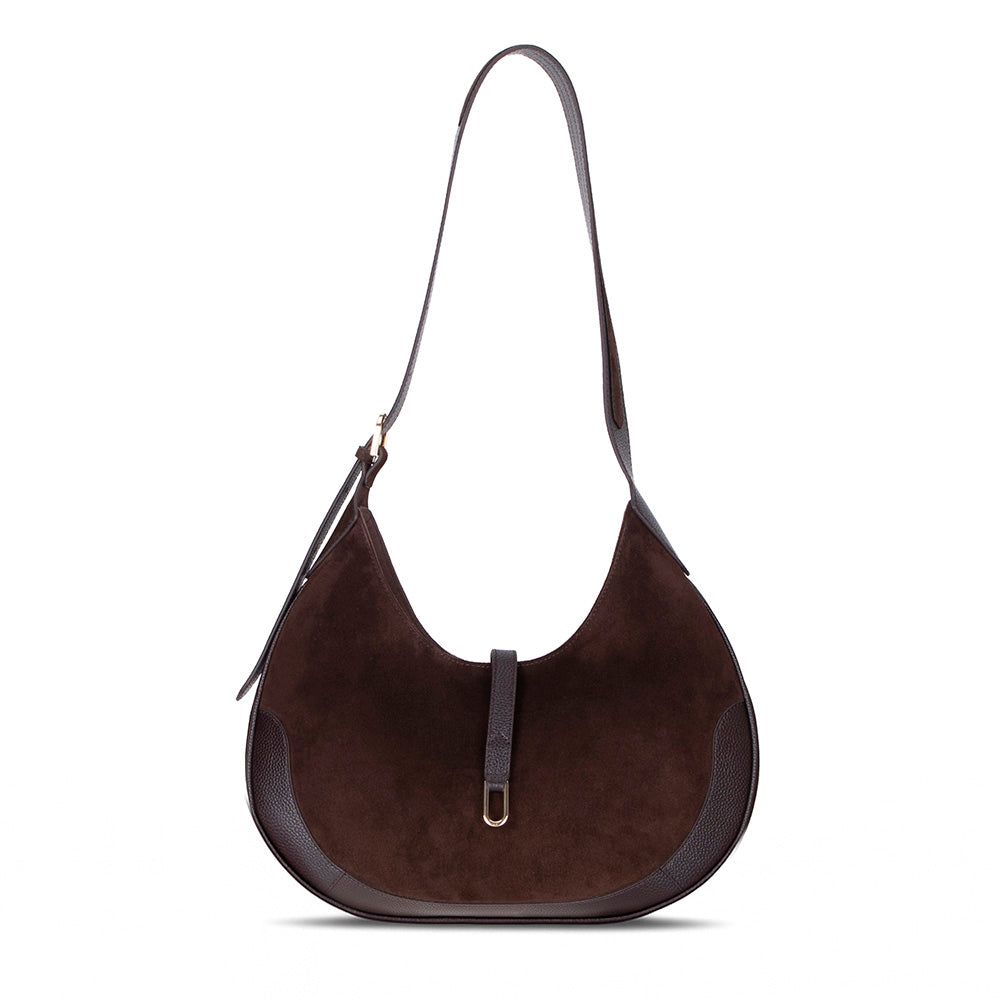 Crescente Walnut Suede Hakiki Deri Kadın Yarım Ay Formlu, El Yapımı Omuz Çantası