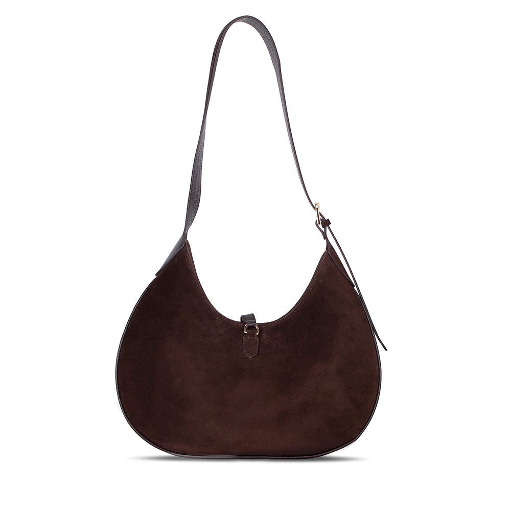 Crescente Walnut Suede Hakiki Deri Kadın Yarım Ay Formlu, El Yapımı Omuz Çantası