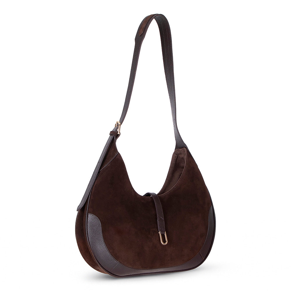Crescente Walnut Suede Hakiki Deri Kadın Yarım Ay Formlu, El Yapımı Omuz Çantası