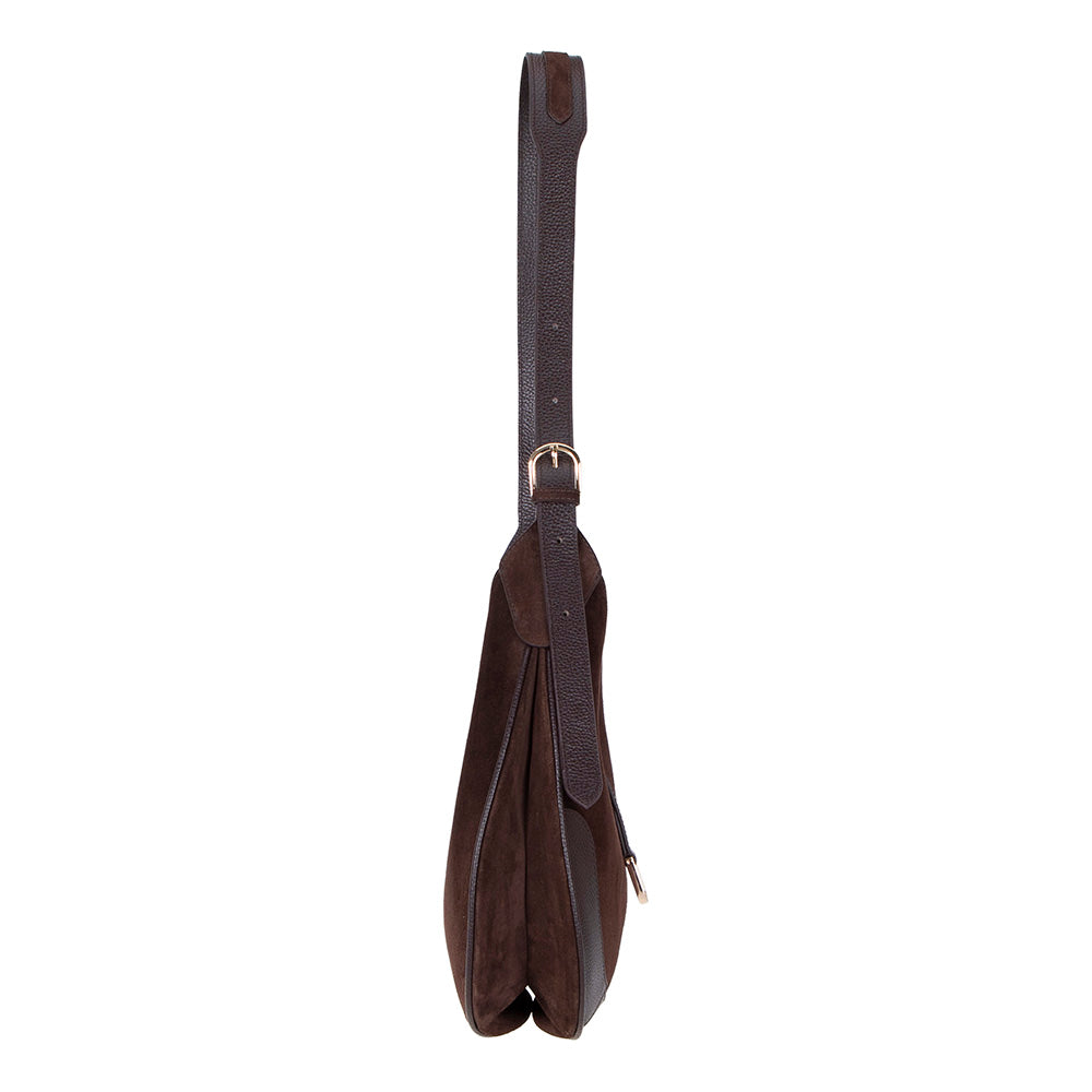 Crescente Walnut Suede Hakiki Deri Kadın Yarım Ay Formlu, El Yapımı Omuz Çantası