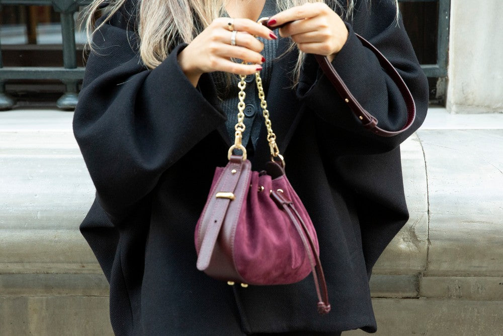 Bloominbag-Haze Soft Süet Bordo Büzgülü Kadın Omuz çantası –Merlot Bordeaux Drawstring Bag-2-Milagron.com
