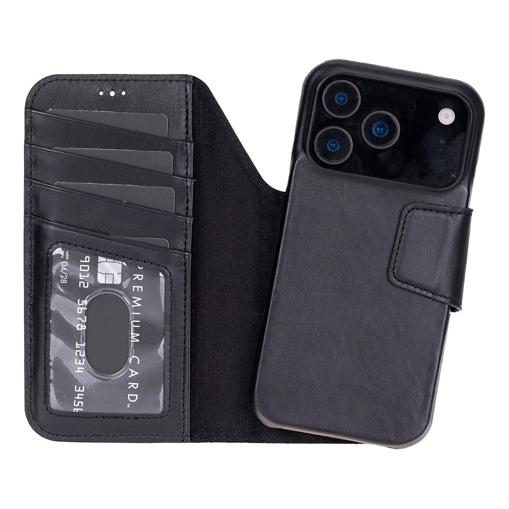 Porta Noir Black Deri Iphone 17 Pro (6.3") Hakiki Deri Çıkarılabilir Cüzdanlı Telefon Kılıfı