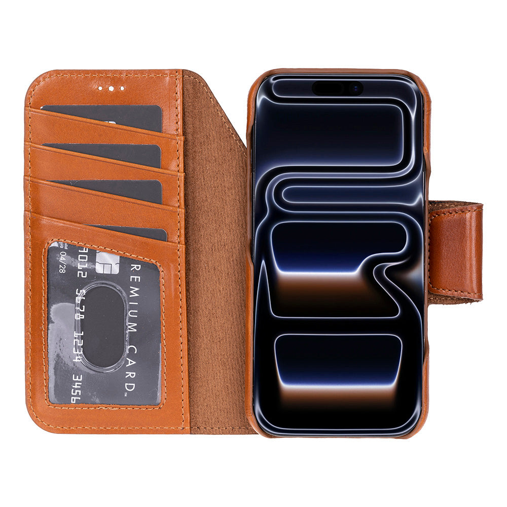 Porta Warm Tan Deri Iphone 17 Pro (6.3") Hakiki Deri Çıkarılabilir Cüzdanlı Telefon Kılıfı