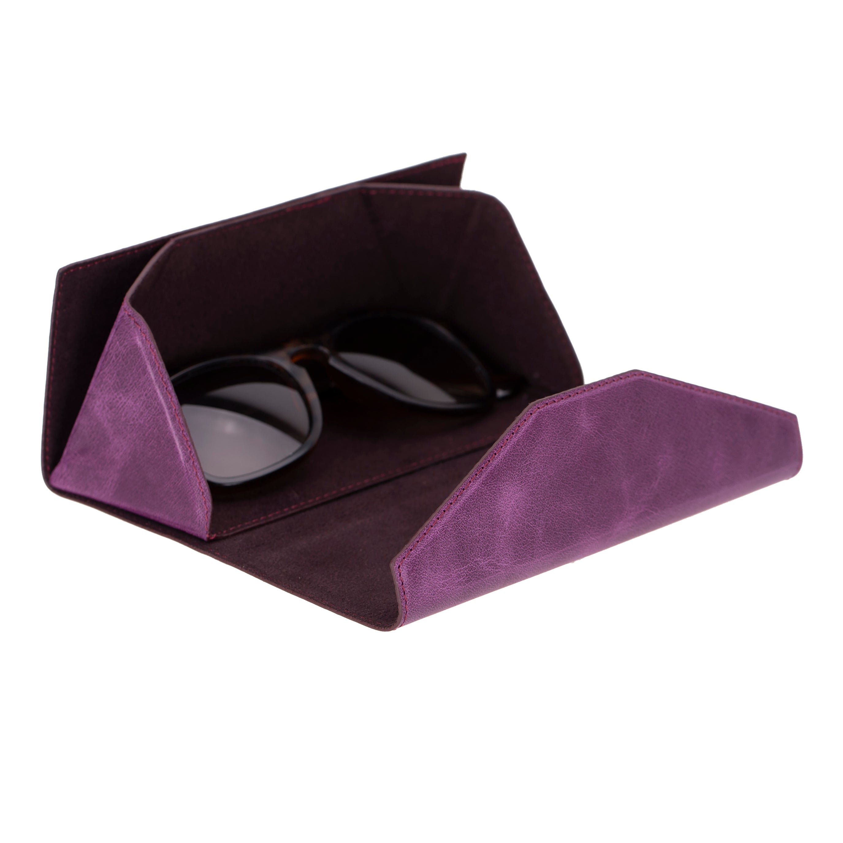 Prisma Velvet Magenta Deri Gözlük Kılıfı – Mıknatıslı Üçgen Tasarım