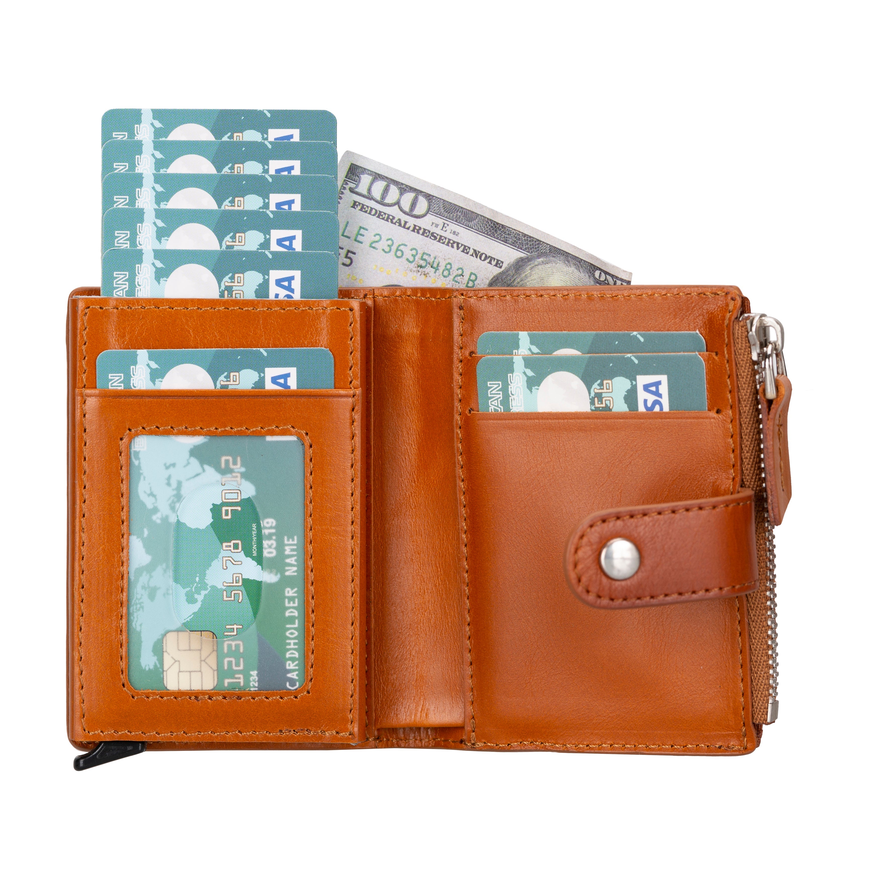 Siena Classic Tan Mekanizmalı Deri Cüzdan & Kartlık (Rfid Korumalı)