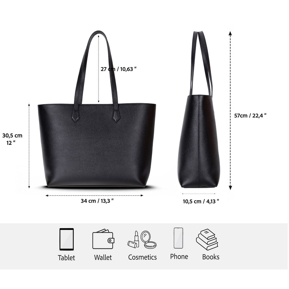 Bloominbag-Terra Siyah Hakiki Deri Kadın Omuz çantası – Noir Black Terra Structured Leather Tote-4-Milagron.com