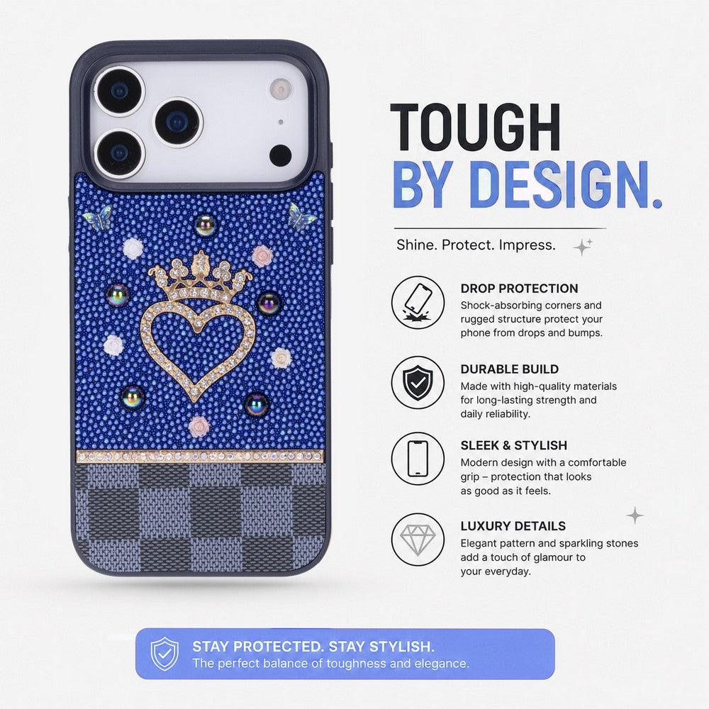 Tiara Blue Crystal Heart Iphone 17 Pro Max Taşlı Telefon Kılıfı