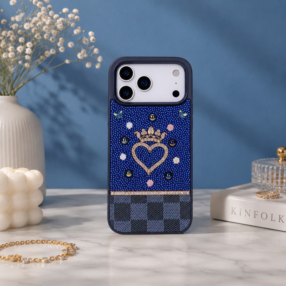 Tiara Blue Crystal Heart Iphone 17 Pro Taşlı Telefon Kılıfı
