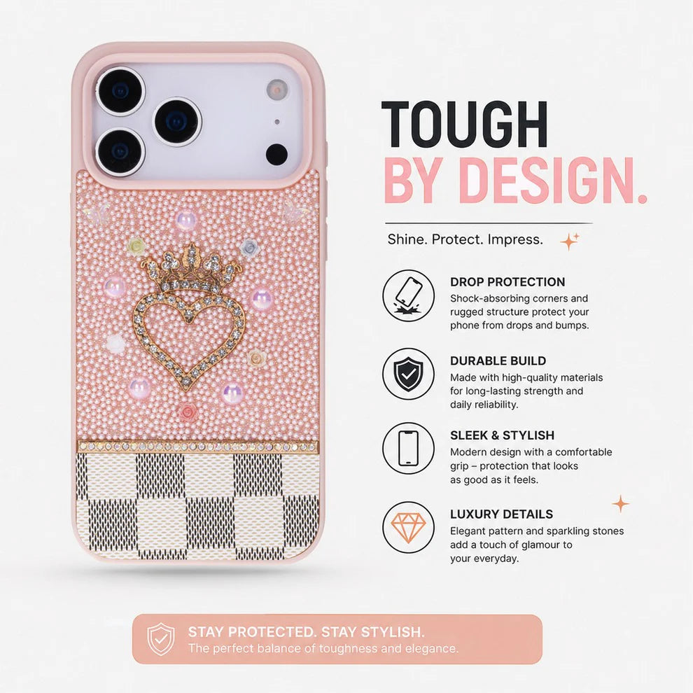 Tiara Pink Crystal Heart Iphone 17 Pro Taşlı Telefon Kılıfı