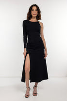 Boneqa Barcelona-Gold Toka Detaylı Tek Kollu Elbise-Elbise-1-Milagron.com