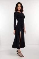 Boneqa Barcelona-Gold Toka Detaylı Tek Kollu Elbise-Elbise-2-Milagron.com