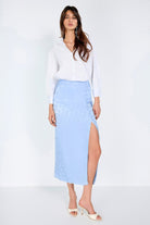 Boneqa Barcelona-Jakarlı Önden Düğme Detaylı Mavi Midi Etek-Etek-1-Milagron.com