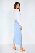 Boneqa Barcelona-Jakarlı Önden Düğme Detaylı Mavi Midi Etek-Etek-2-Milagron.com