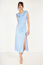 Boneqa Barcelona-Jakarlı Yandan Yırtmaç Detaylı Mavi Elbise-Elbise-5-Milagron.com