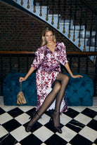 Boneqa Barcelona-Kruvaze Yaka Detaylı Desenli Elbise-Elbise-7-Milagron.com