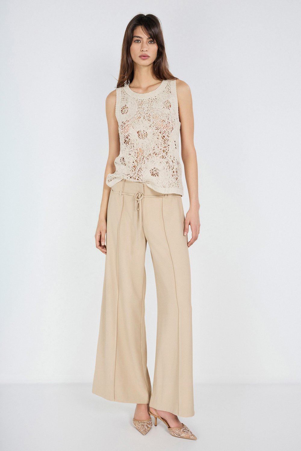 Boneqa Barcelona-Yüksek Bel Belden Bağcık Detaylı Geniş Paça Pantolon-Pantolon-1-Milagron.com