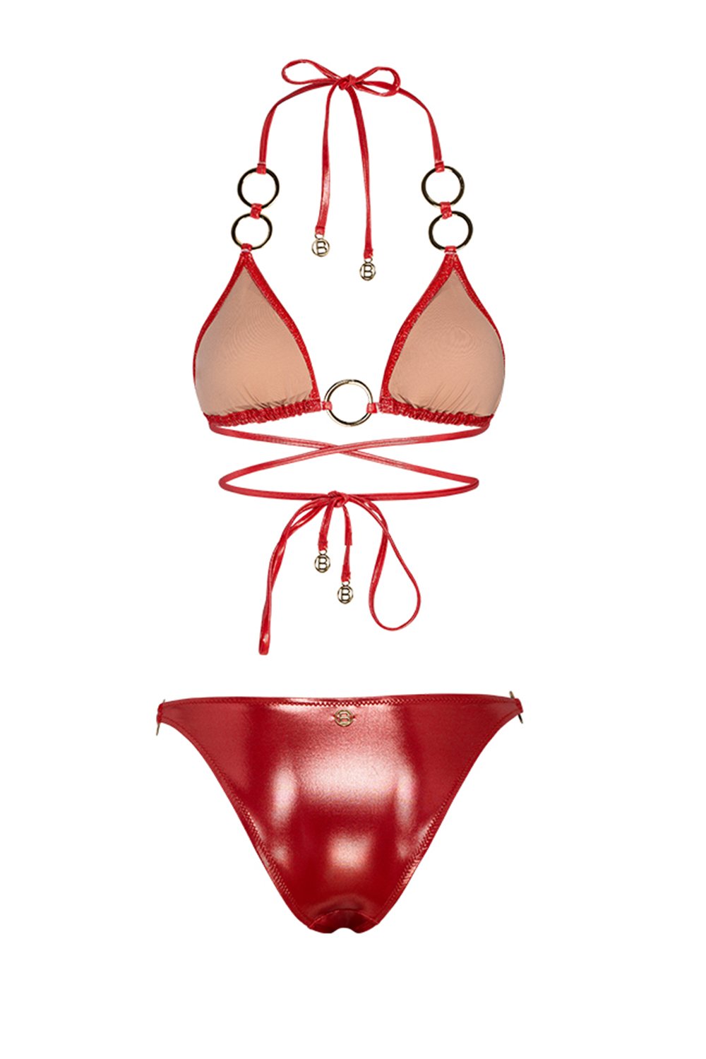 Bonesta-Escalante Shiny Crimson Red Halka Aksesuarlı Üçgen Bikini Takımı-Bikini & Mayo-5-Milagron.com