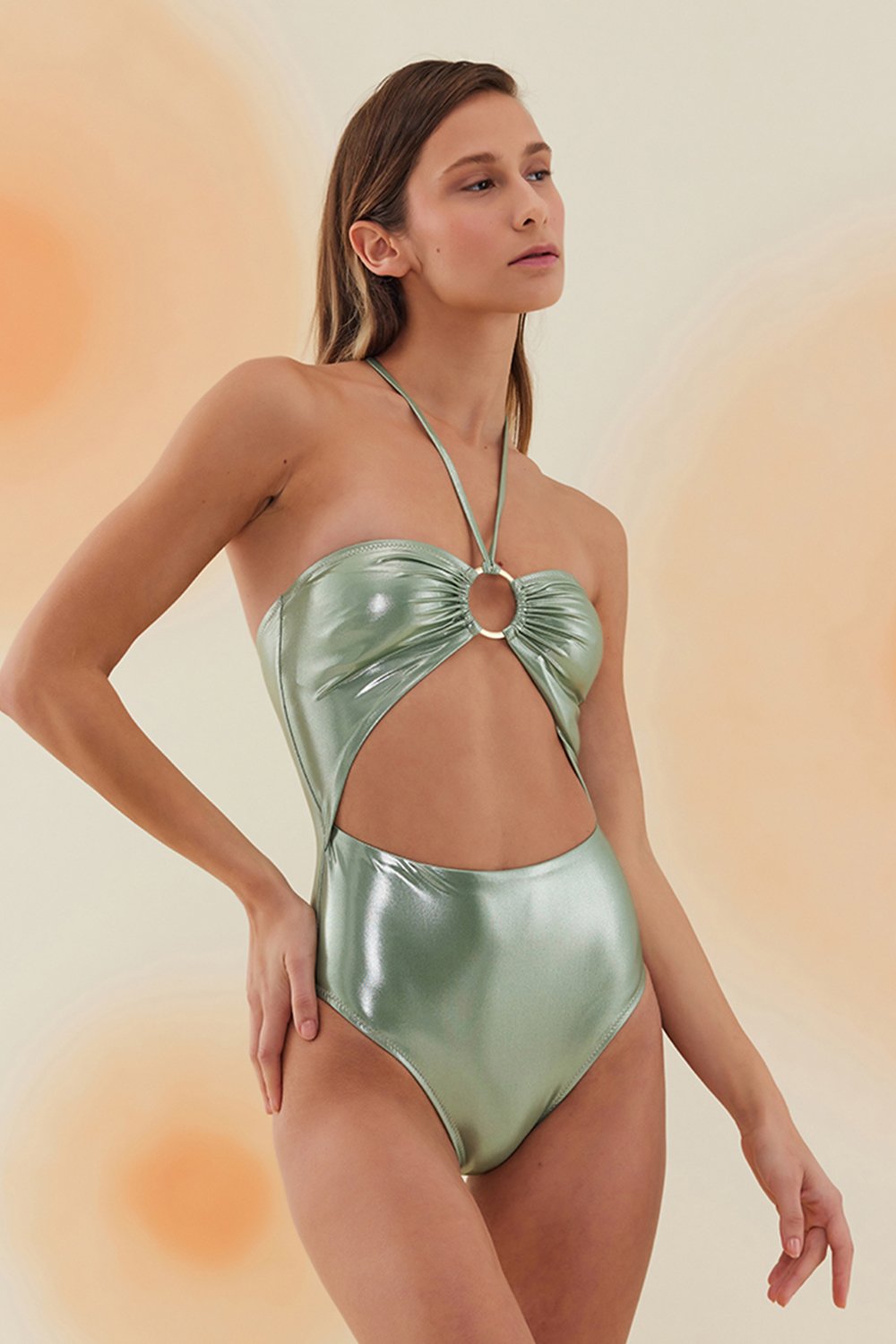 Bonesta-Guajira Shiny Tea Green Halka Aksesuarlı Boyundan Bağcıklı Mayo-Bikini & Mayo-3-Milagron.com