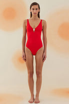 Bonesta-Kumtag Scarlet Red Deniz Kabuklu V Yaka Mayo-Bikini & Mayo-1-Milagron.com