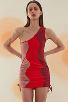 Bonesta-Meska Beige, Scarlet Red And Burgundy Terry Tek Omuz-Elbise-2-Milagron.com