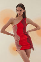 Bonesta-Meska Beige, Scarlet Red And Burgundy Terry Tek Omuz-Elbise-3-Milagron.com