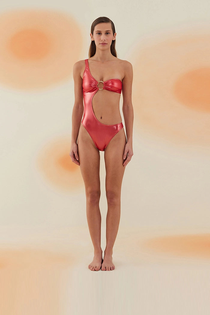 Bonesta-Tatacoa Shiny Crimson Red Halka Aksesuarlı Tek Omuz Mayo-Bikini & Mayo-3-Milagron.com