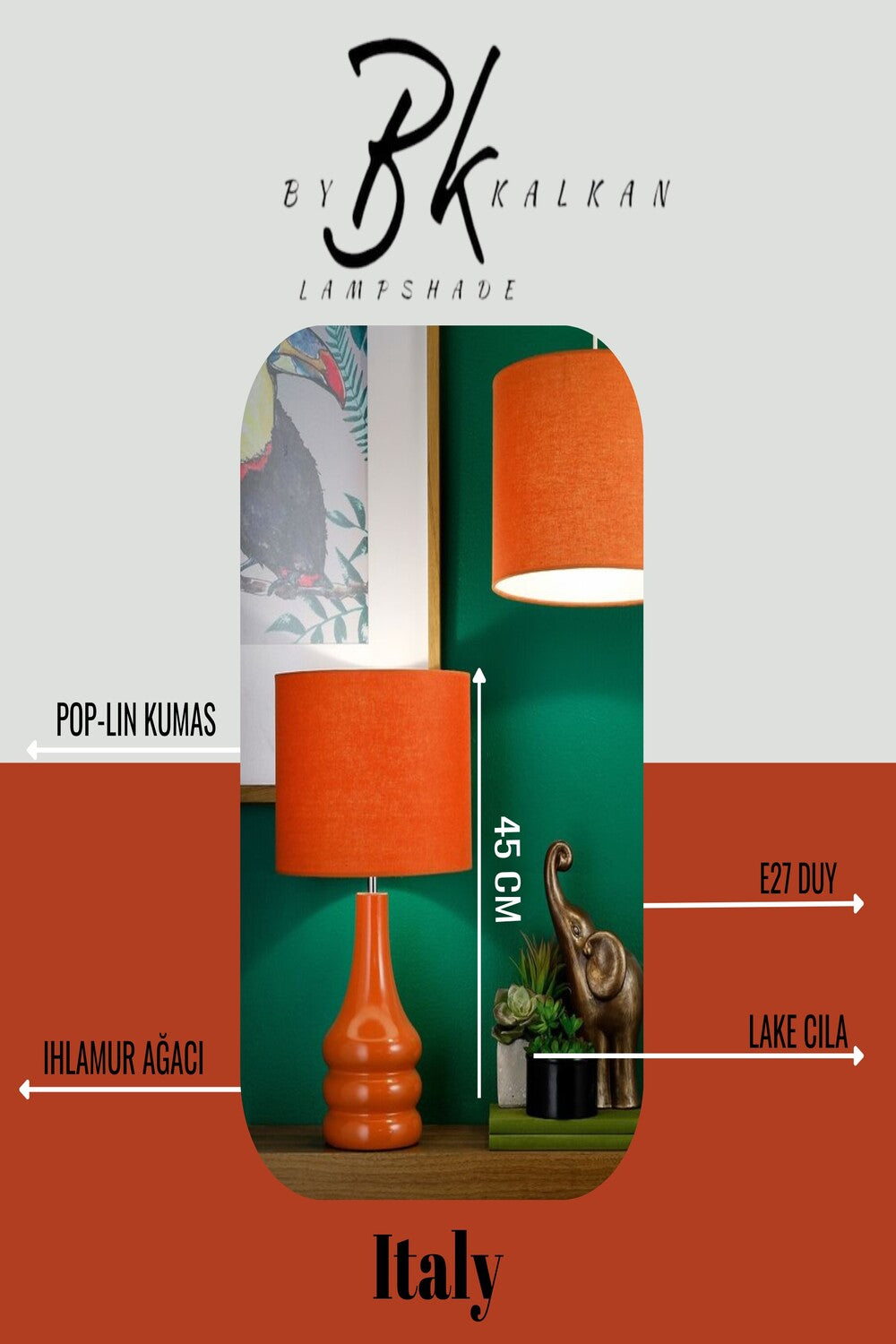 By Kalkan-Italy Ahşap Ayaklı Lake Cilalı Abajur, Masa Lambası-Abajur-2-Milagron.com
