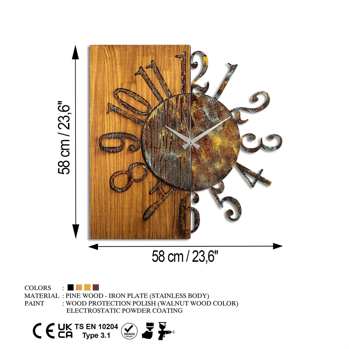 Mas-007-A Dekoratif Ahşap Metal Duvar Saati 