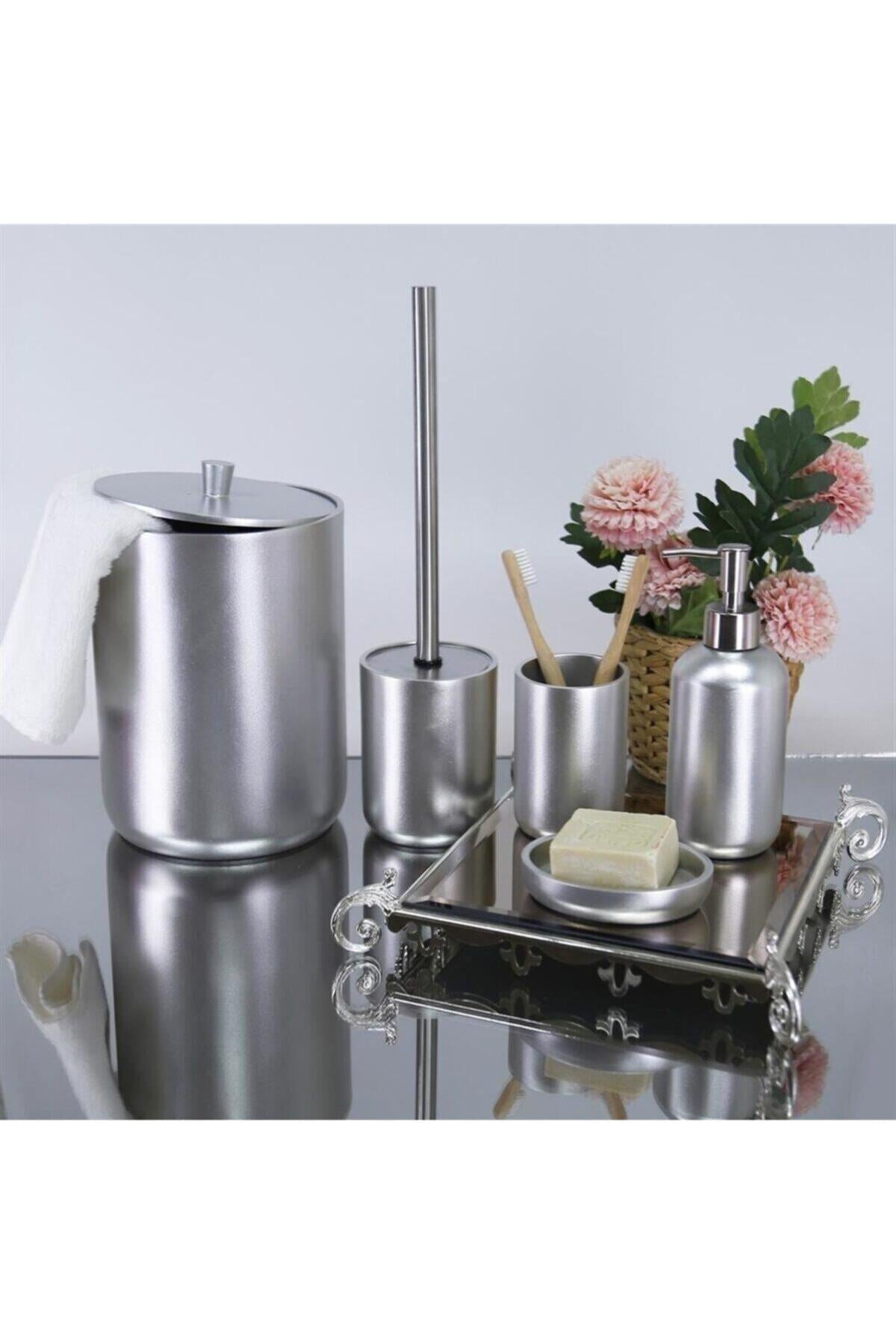 By Selim Elegance Gümüş 5 Parça Polyester Banyo Seti