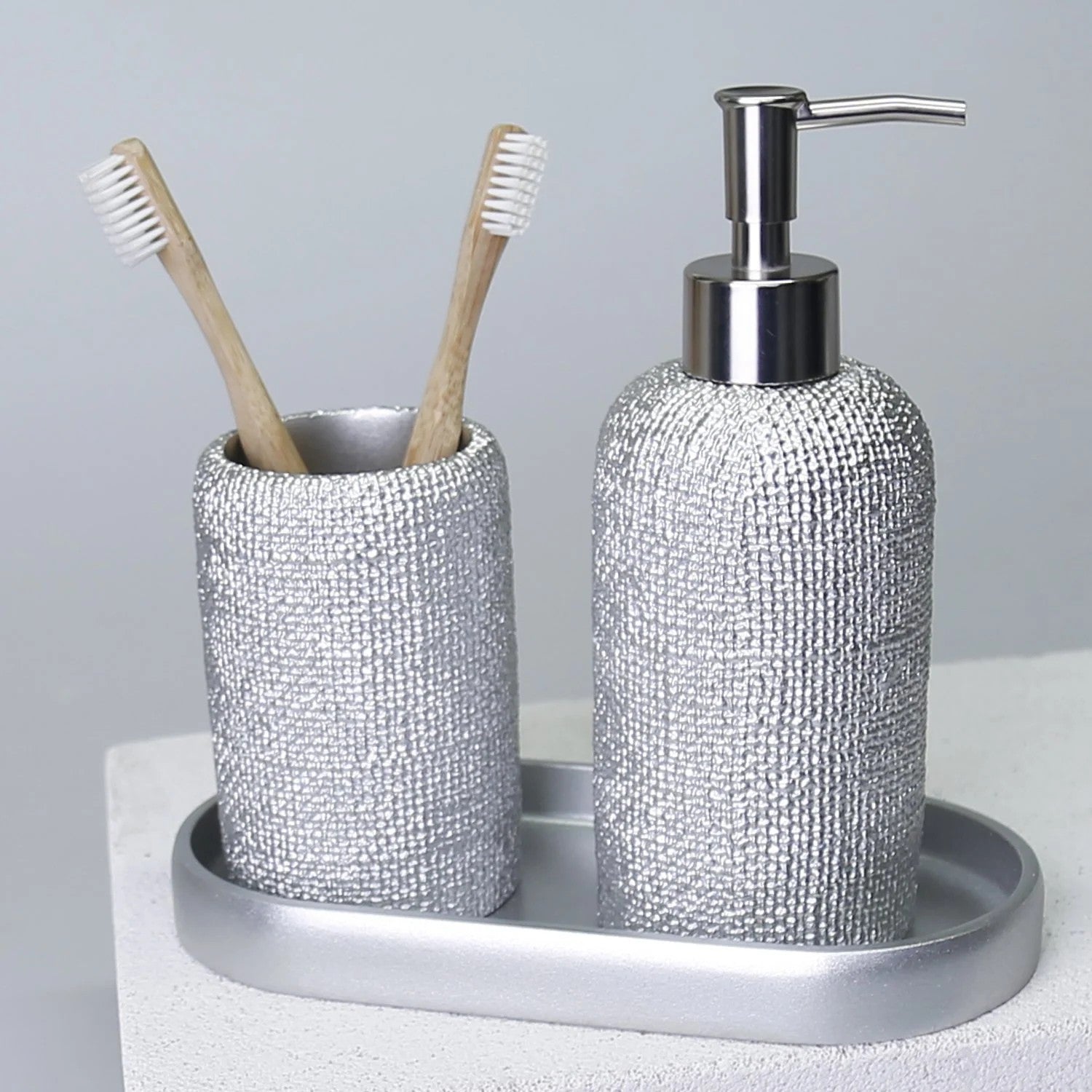 By Selim Natural Gümüş 5 Parça Polyester Banyo Seti