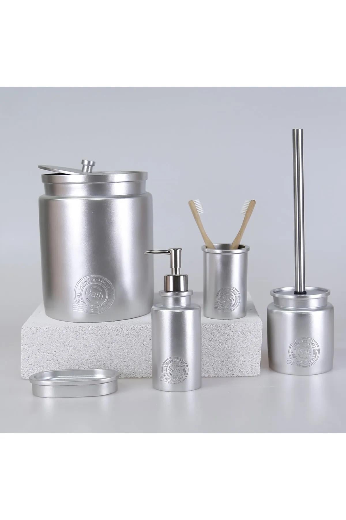 By Selim Stamp Gümüş 5 Parça Polyester Banyo Seti