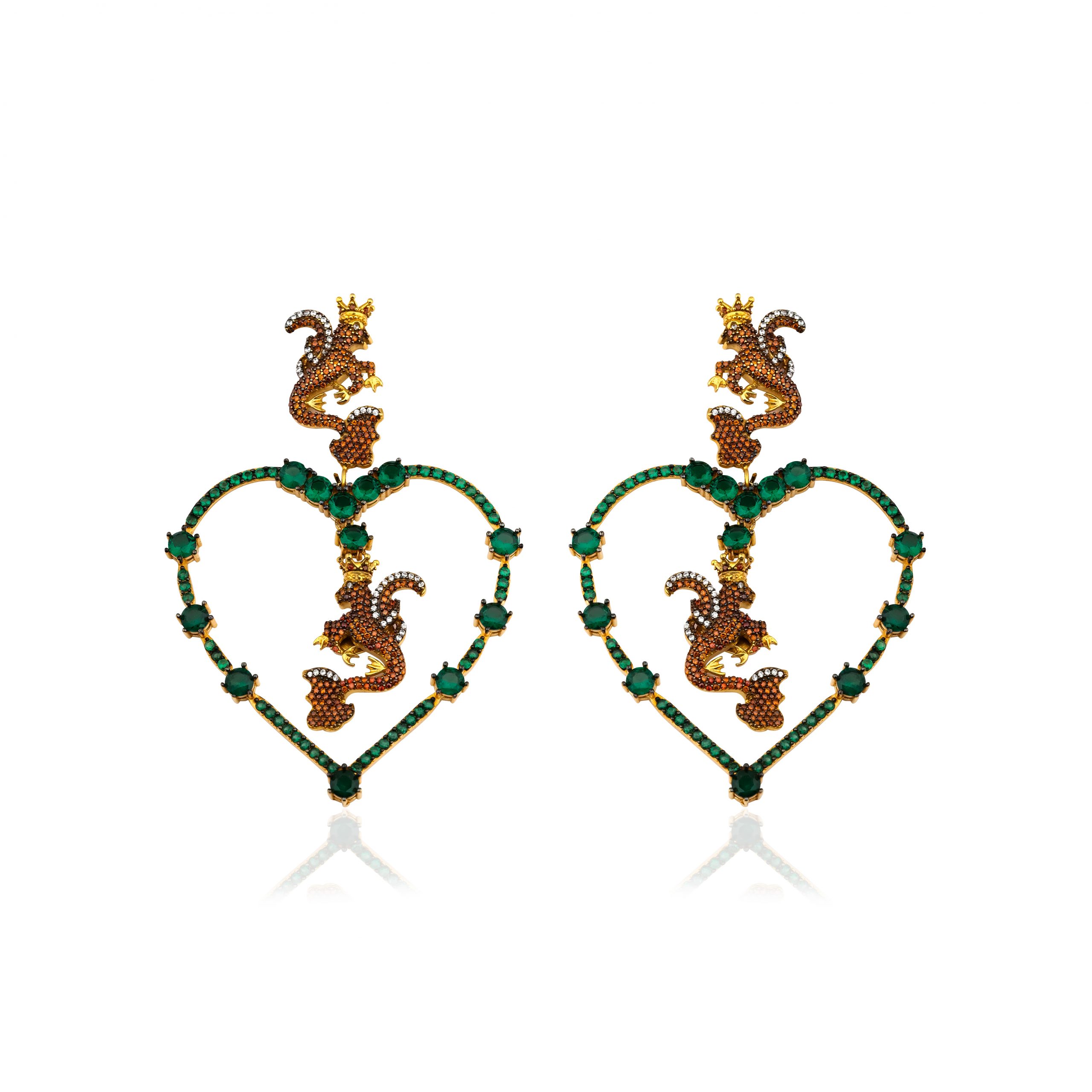 Secret Of Heart Green Büyük Kalpli Garnet Dragon Küpe