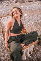 Carryberry-Müslin Boyundan Bağlamalı Haki Büstiyer-Crop Top-1-Milagron.com