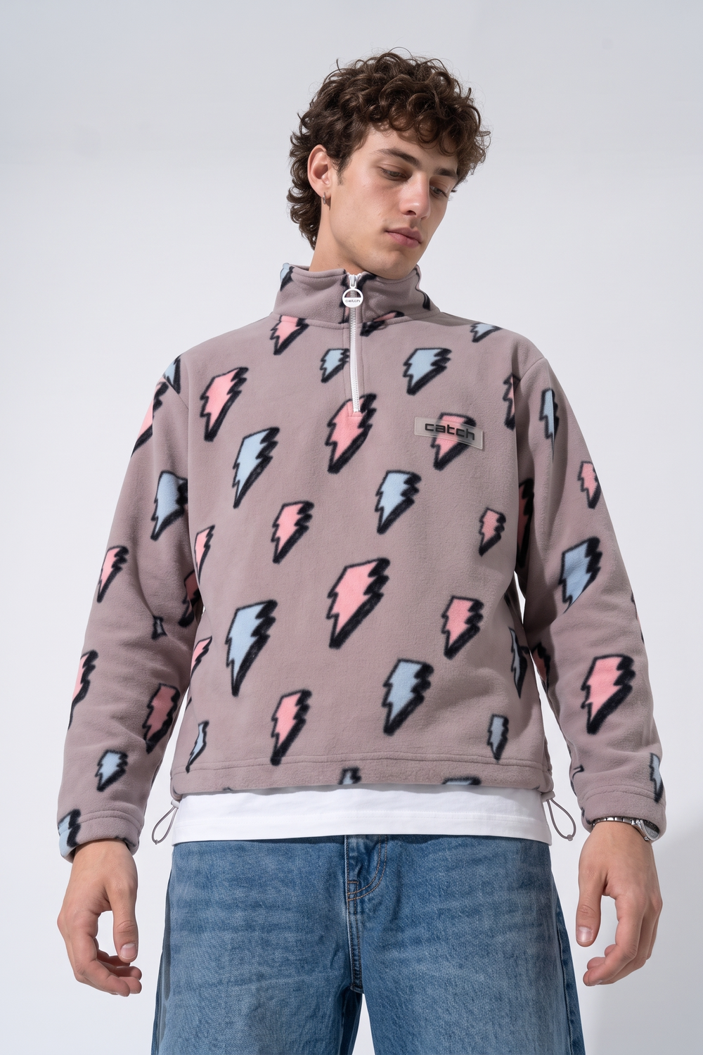 Fermuarlı Beli Büzgülü Oversize Polar Sweatshirt - Lila - 0