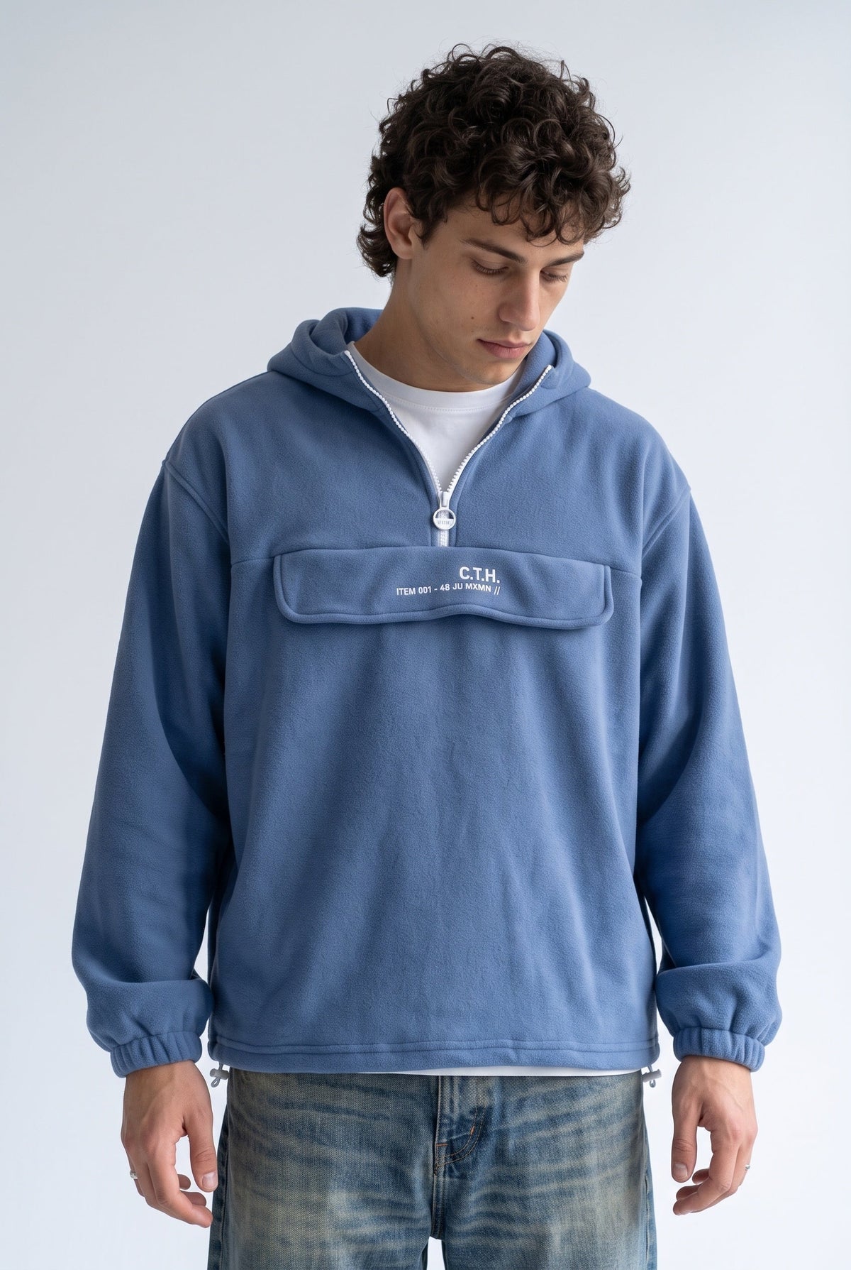 Yarım Fermuarlı Kapüşonlu Polar Sweatshirt, Koyu Mavi - 1