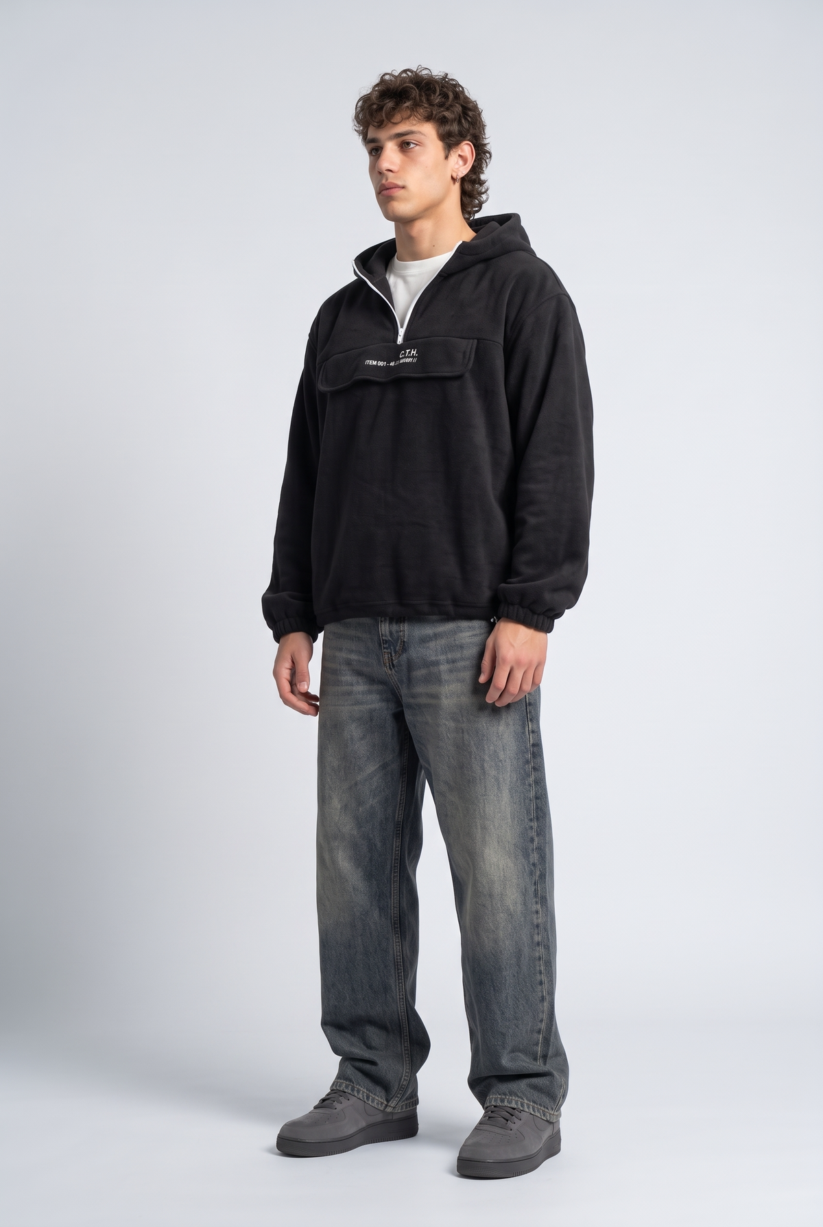 Yarım Fermuarlı Kapüşonlu Polar Sweatshirt