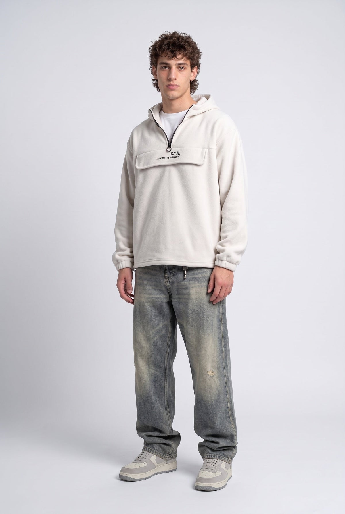 Yarım Fermuarlı Kapüşonlu Polar Sweatshirt