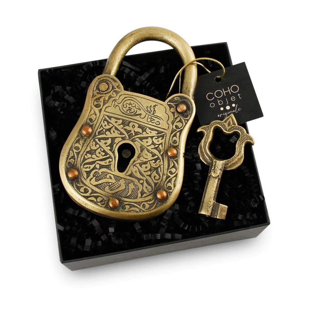 Coho Objet-Coho Brazen İşlemeli Dekoratif Pirinç Kilit & Anahtar-Dekoratif Objeler-1-Milagron.com