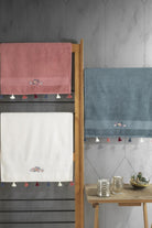 Cotton Box-Cotton Box %100 Pamuk 3'lü Nakışlı Püsküllü Havlu Seti G.Kurusu Ekru Petrol-El Yüz Havlusu-1-Milagron.com