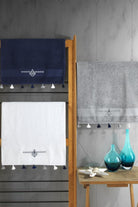 Cotton Box-%100 Pamuk 3'lü Nakışlı Püsküllü Havlu Seti Lacivert Beyaz Gri-Havlu Seti-1-Milagron.com