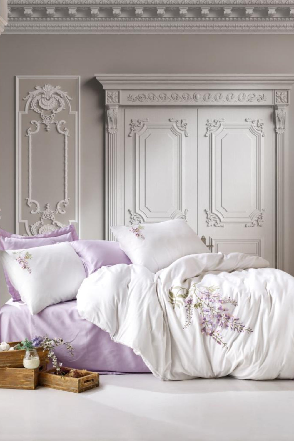 Cotton Box-3D Nakışlı Saten Çift Kişilik Nevresim Takımı Mita Lila-Nevresim Takımı-1-Milagron.com