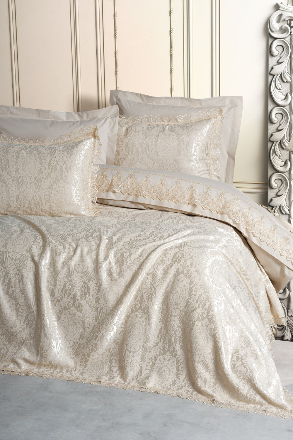 Cotton Box-Chi Chi Çift Kişilik Pikeli Nevresim Takımı Silva Cappuccino-Nevresim Takımı-1-Milagron.com