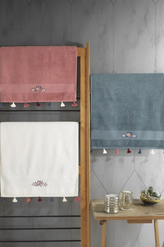 Cotton Box-Cotton Box %100 Pamuk 3'lü Nakışlı Püsküllü Havlu Seti G.Kurusu Ekru Petrol-El Yüz Havlusu-1-Milagron.com