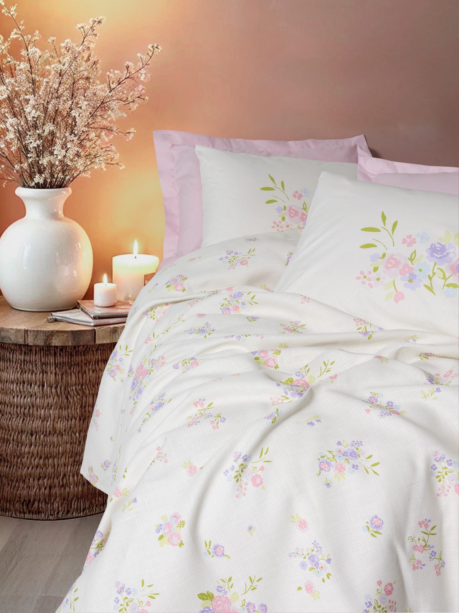 Cotton Box-Cotton Box Estiva Tek Kişilik Pike Takımı Petal Pembe-Pikeli Nevresim Takımı-2-Milagron.com