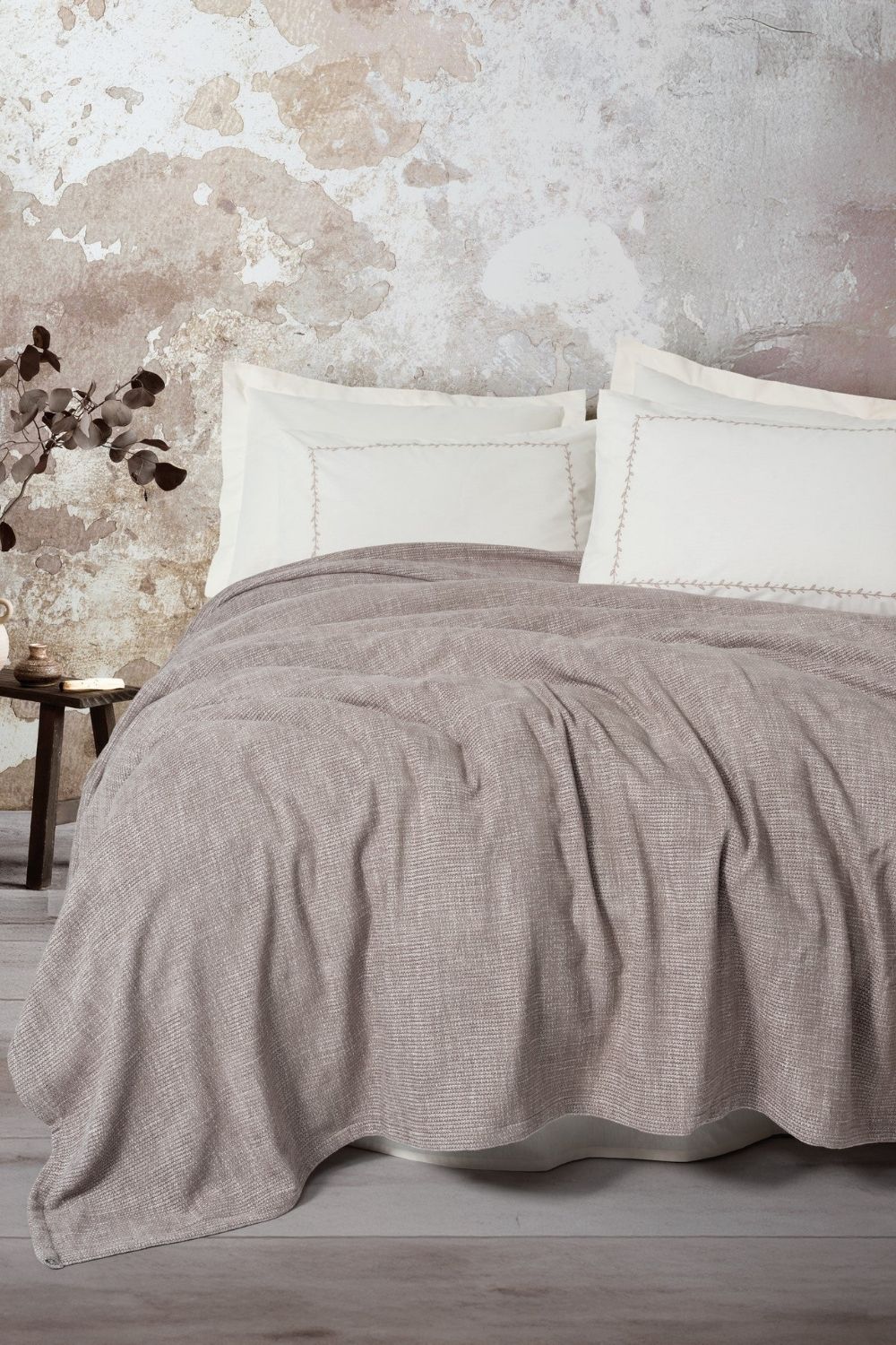 Cotton Box-Embrova Şönil Çift Kişilik Yatak Örtüsü/Pike Takımı Loom Bej-Nevresim Takımı-1-Milagron.com